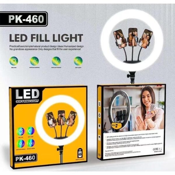 PK-460 LED RING Light, un kit d'éclairage professionnel de 18 pouces (environ 46 cm) conçu pour la création de contenu vidéo, le maquillage et la photographie.