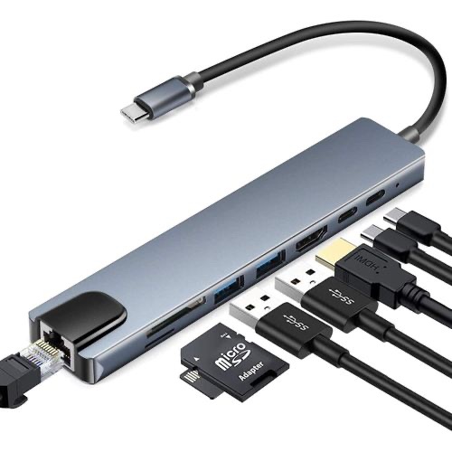 Dsc Hub USB Type C (adaptateur multifonction 8 en 1 pour MacBook et Windows) / Station d'accueil USB / HDMI 4K, HDTV, carte SD/TF, RJ45, USB C