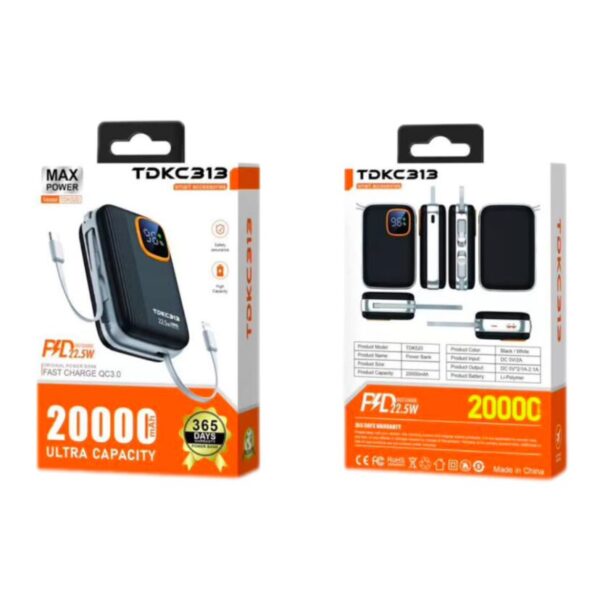 Power Bank TDKC 313 de 20 000 mAh - léger facile à transporter - charge rapide