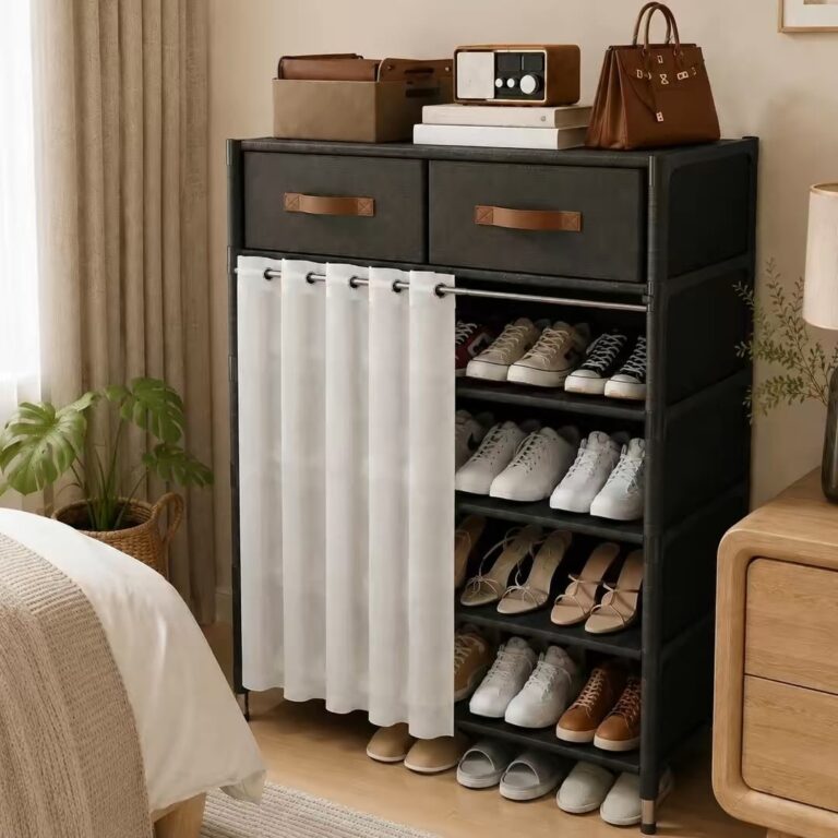 une étagère à chaussures multi-niveaux dotée de deux tiroirs supérieurs en tissu et d’un rideau blanc de protection anti-poussière